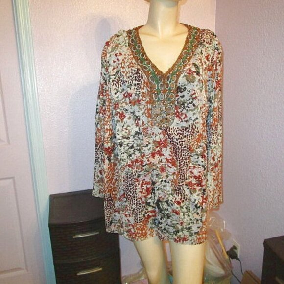eci BEADED 2fer BLOUSE Top Size 22 3X LAYERED Tunic Tank MIX PRINT Artsy FLOWY - Picture 1 of 10